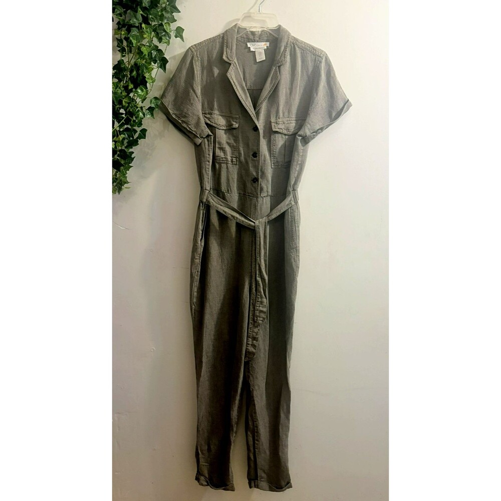 C & C Womens Jumpsuit Size M Green Linen Blend Utility Button-Front w/Tie Waist